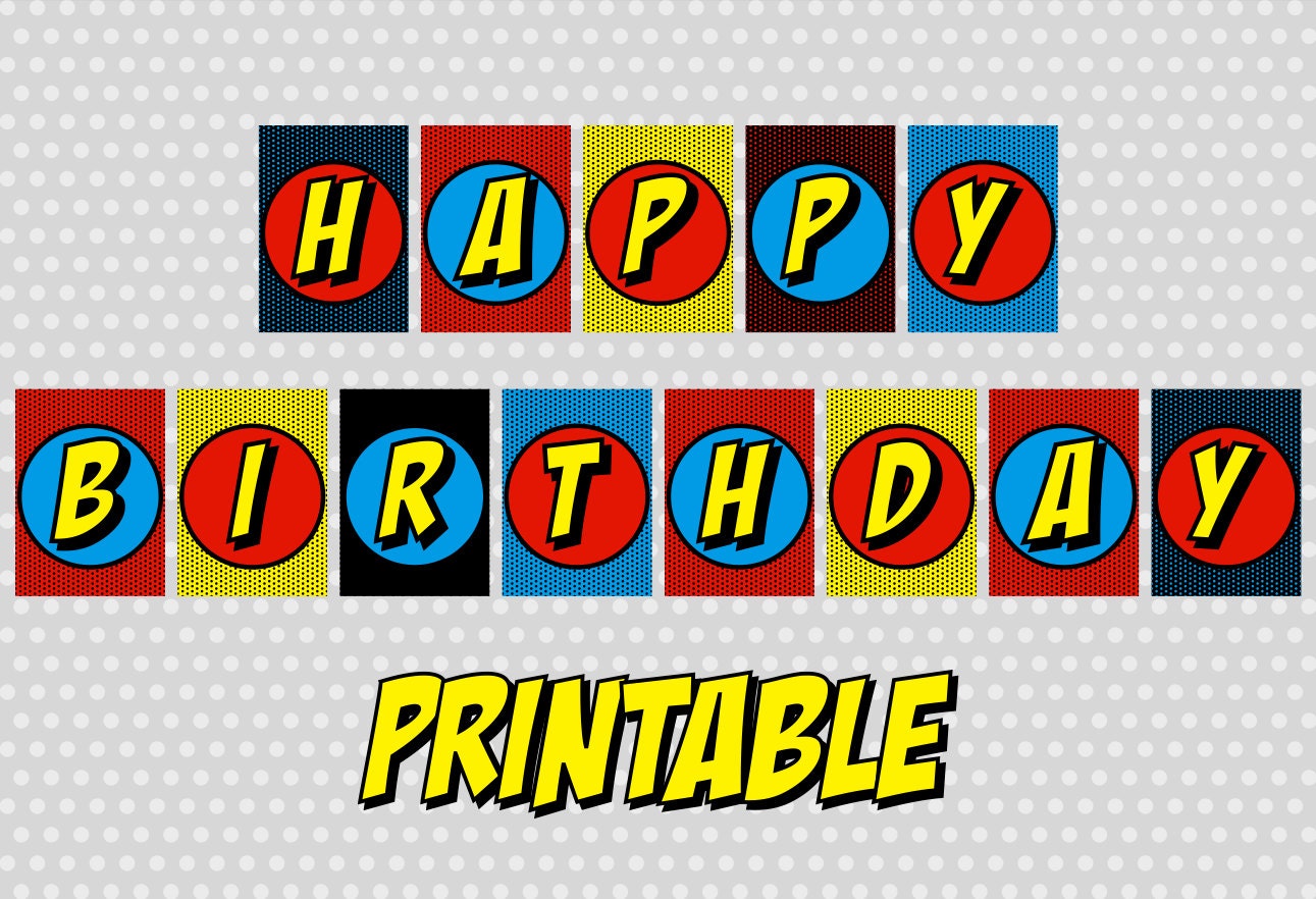 PRINTABLE Superhero Happy Birthday Banner Party Comic Sound