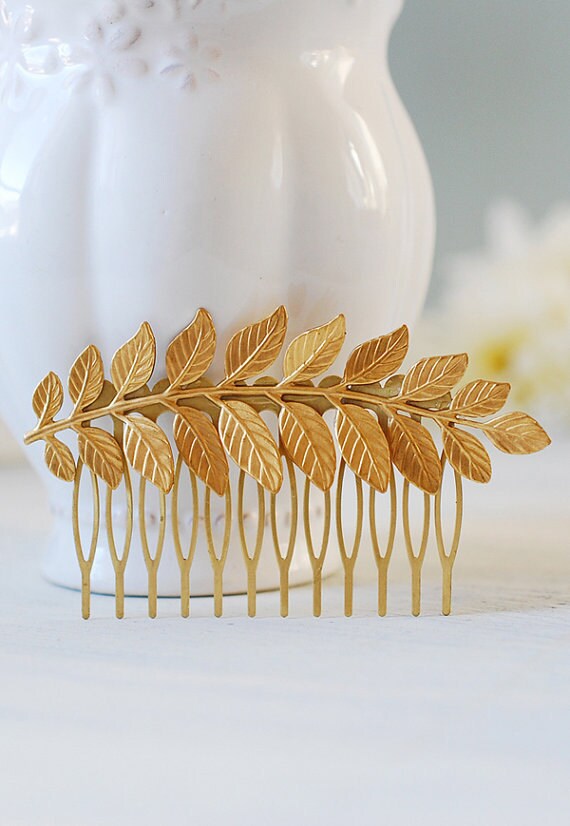 Gold Leaf Hair Comb. Leaf Branch Bridal Hair Comb, Wedding Hair Accessory, Woodland Hair Accessory, Gold Brass Leaf Branch