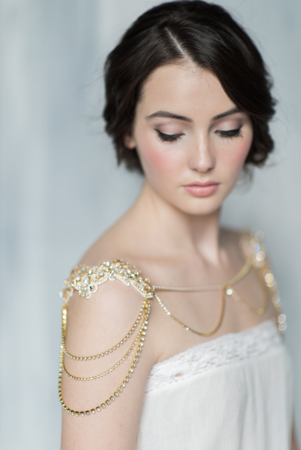 Gold Bridal Shoulder Necklace Crystal Bolero Lace Shoulder