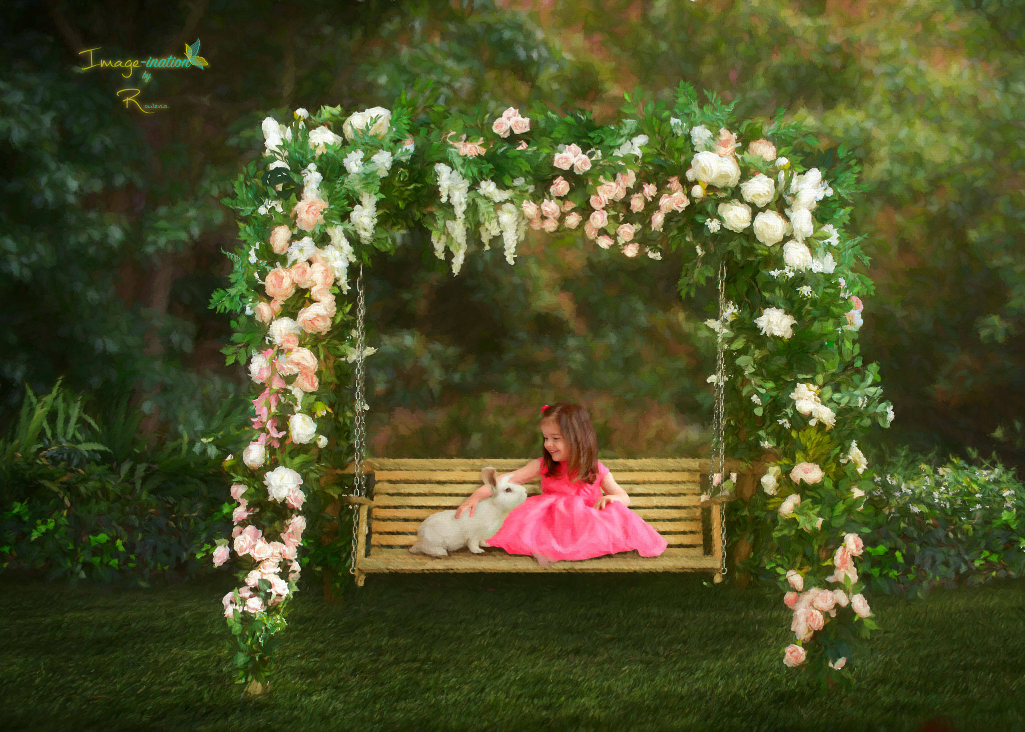 Swinging in flower garden