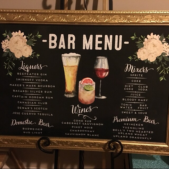 Wedding Bar Menu Liquors Mixers Custom Bar sign Bar Menu