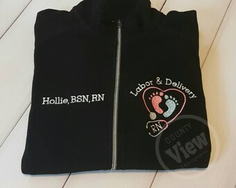 Ladies Labor and Delivery Nurse Fleece Jacket w FootPrints Stethoscope-RN LPN zipup light or heavy weight fleece with several options-TYPEWR