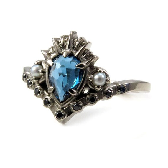 Sea Witch Engagement Ring - Ursula - Rose Cut London Blue Topaz with Seed Pearls and Black Diamonds