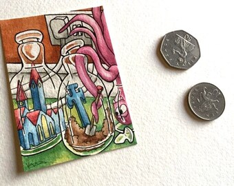 Octopus bottles illustration grave church miniature art ATC Gift Art Trading Card Whimsical - Original ART ACEO Watercolor - Katie Hone