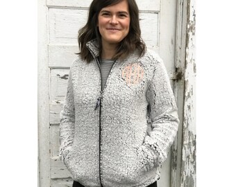 Ladies Full Zip Monogrammed Sherpa Personalized Fleece Jacket Light Gray