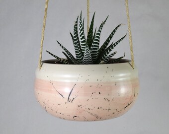 Handmade Ceramic Hanging Planter / Spatter Pattern Planter / Blush Pink Plant Pot / Indoor Hanging Planter / Made in Canada Pottery