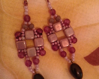 Earrings window beaded, opaque lustre pink, agate, ancient Boho earrings