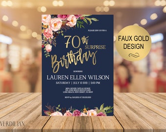 70th Surprise Birthday Invitation, Blush Gold Floral Birthday Party Invitation for Women, DIY Printable PDF Instant Download | VRD270THNS