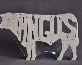 Angus or Red Angus Cow or Bull Cattle Puzzle Wooden Toy Hand Cut
