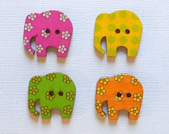 4 Wooden Elephant Buttons, Multi Color Buttons - #SB-00037