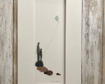 Fine Art from Pebbles and Seaglass Parent and Child Flying Kite by Sharon Nowlan, 8 by 15, Sailboats