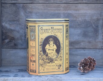 Colmans Mustard Tin, Yellow Tin, Bulls Head, Hinged Lid, Mustard Tin, Vintage Tin, Storage Tin, Cottage Decor, Farmhouse Decor, Mustard