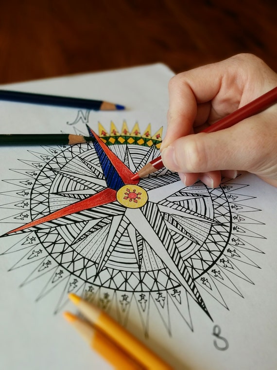 compass rose mandala coloring page instant pdf download
