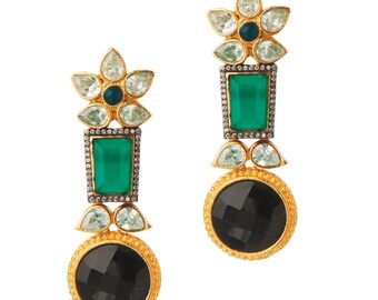 Chandelier Dangle Earrings|Hand Crafted Green-Black Color Stone Kundan (Crystal) |Women's Earring| Kundan Indian Jewelry |Bridesmaid Earring