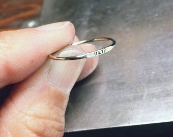 Skinny Personalized Band 14k Gold Ring 1mm Super Slim Stacking Ring Tiny 1mm Letters and Numbers Choose Yellow Gold Rose Gold or White Gold