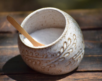 stoneware salt pig / salt cellar with small spoon