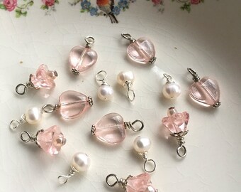 Bead destash 15 handbeaded drops for jewelry making, pearls, glass hearts, glass flower beads, silver wires Lot #1