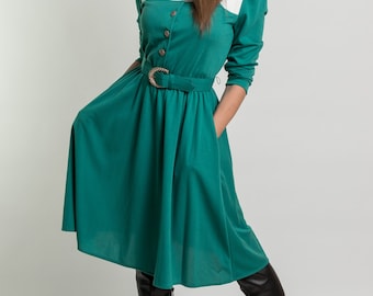 Vintage Teal Jersey Knit Belted Dress (Size Small/Medium)