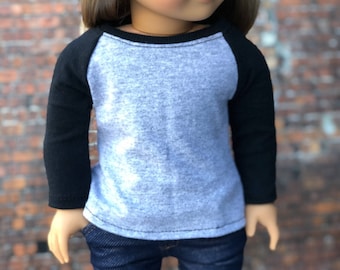 Doll Clothes | Trendy Gray and Black Long Sleeve Fitted BASEBALL TEE for 18 Inch Doll