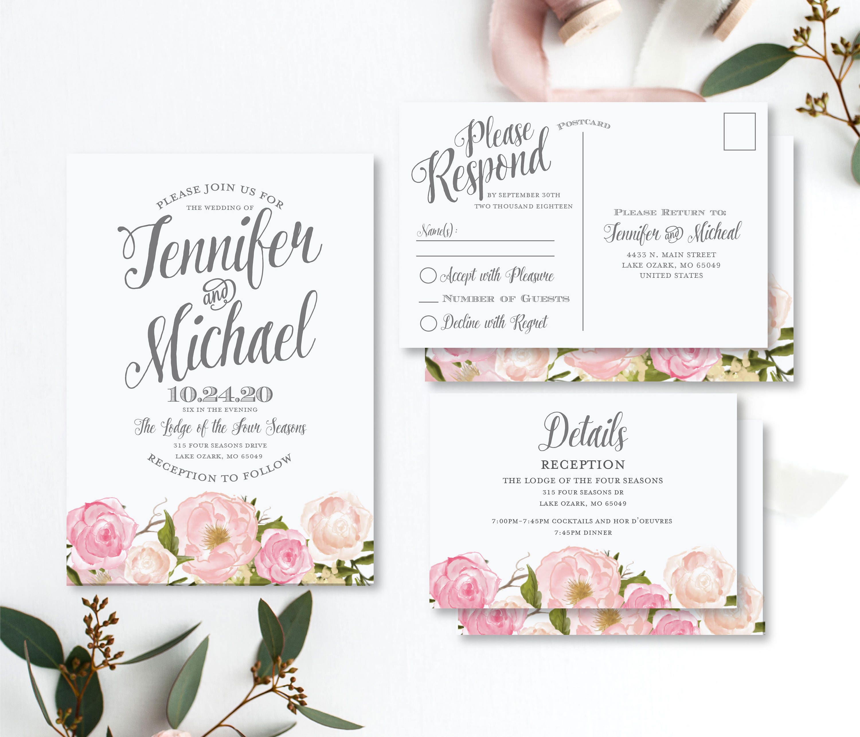 Floral Wedding Invitation Set RSVP Postcard Details Card