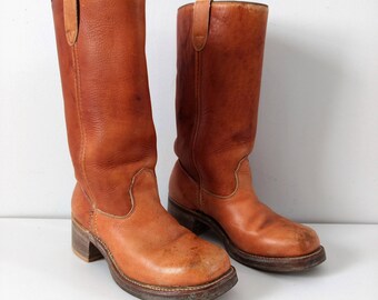 Vintage campus boots, stacked heel 1970s 1980s boots, size 6