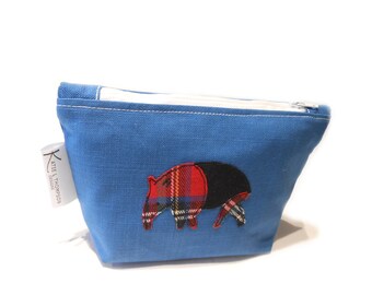 Blue Makeup Bag, Tapir Pencil Case, Tapir Cosmetic Bag, Blue Tapir, Tartan Cosmetic Bag