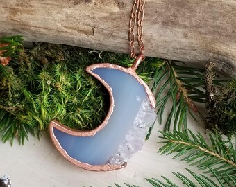 Copper Electroformed Agate Druzy Moon Goddess Crystal Necklace | Copper Electroform Raw Crystal Necklace | Crescent Moon Necklace