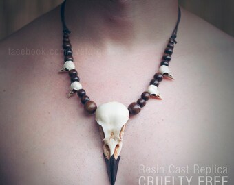Shaman necklace with resin crow skull and wood pearls
