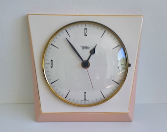 Diehl Electro, Ceramic Wall Clock, Nr 1628, Pastel Pink, White, West German Pottery, 1960s