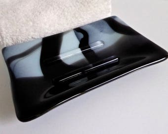 Fused Glass Soap Dish in Seafoam Green and Black by BPRDesigns