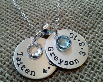 Sterling Silver Kids Name Necklace, Personalized Name Date Birthstone, Hand Stamped Mothers Necklace, Grandma Necklace, New Mommy Necklace