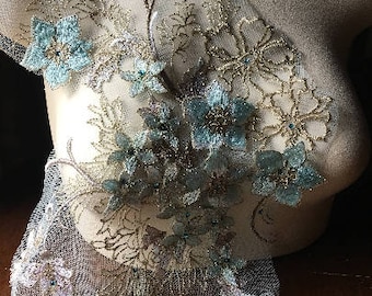Aqua "Alice" 3D Lace Fabric FAT QUARTER with Rhinestones for Bridal, GRAD, Lyrical Dance, Ballet, Couture Gowns, Costume Design