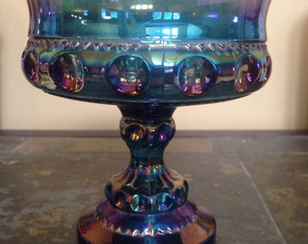 Carnival glass compote, Indiana Blue iridescent decorative glass, Kings crown footed trinket or serving piece, collectible carnival glass