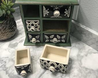 Apothecary Cabinet with 6 Ceramic Drawers, Hand Painted Wooden Cabinet Dresser Style Tea Bag Storage or Paraphernalia Box, Item #587392996