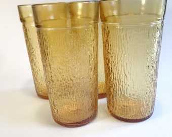 Vintage Amber Pressed Glass Highball Tumbler Glasses Set of 4,Retro,Barware,Mid Century,Amber,Pressed Glass,Tumblers,Highball,Yellow