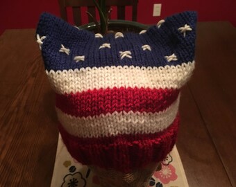 American flag cat ears pussy hat protest march patriotic 4th of July march for truth red white blue beanie knitted USA
