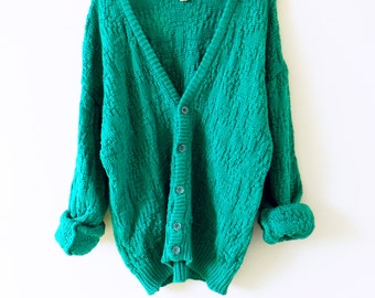 Vintage Slouchy Cardigan in Bright Teal / Cozy Oversized Sweater / Emerald Teal Chunky Cardigan / Textured Knit Boho Sweater