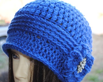 Womans Crochet cloche bucket flapper hat 22 to 24 Blue