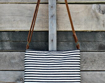 Crossbody Bag, Denim and Cream Stripe, Genuine Leather, Everyday Purse, Adjustable Strap