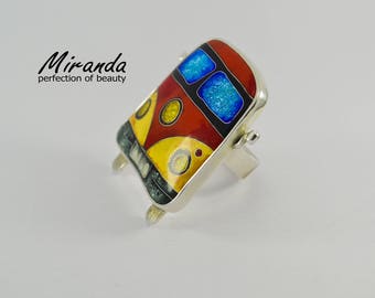 Real Cloisonne Enamel,Ring,Handmade Jewelry,Georgian unique enamel technique,Sterling silver,Best woman gift
