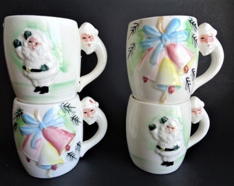 Vintage Christmas Mugs Santa and Bell Front Designs Santa Head Handles Lot of 4