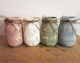 Flower Print Mason Jars, Floral Print Mason Jars, Pint Size Mason Jars, Boho Mason Jars, Hand Painted Mason Jars, Mason Jar Decor, Decor
