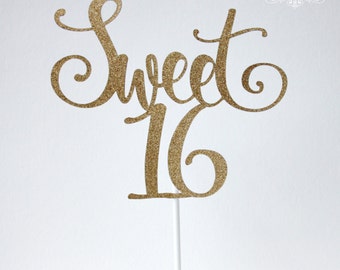 Sweet 16 gold Cake topper - Sixteen Gold Glitter cake topper - Age cake topper - Cake decor