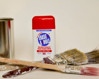 Erase A Hole, Fill holes in walls in two easy steps, apply and wipe. 2 Year Guarantee. Water clean up, sandable, paintable.