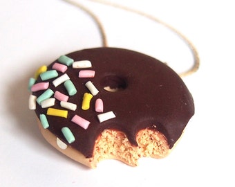 Donut Necklace ( chocolate donut bitten donut food necklace food pendant doughnut necklace sprinkles miniature food funky jewelry food )