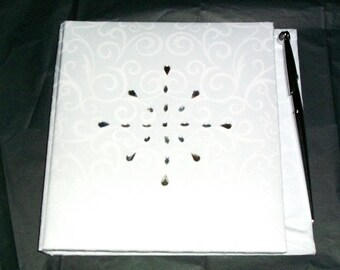 Wedding guest book white with pen and rhinestones large