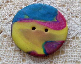 Pink, yellow and blue clay button, handmade button, round button, large button, unique button, sewing, knitting, scrapbooking, crafts