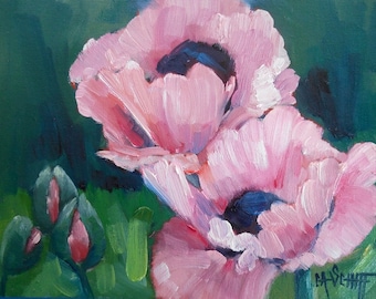 Flower Still Life, Original Poppy Painting, 6x8 Oil Painting, Free Shipping in USA