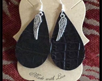 Faux Leather Teardrop Earrings with Angel Wing Charm