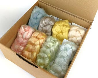 Deluxe spinning fibre, botanically dyed, suitable for vegans, medium 200g box of 8 different plant fibres, multi-fibre box, UK
